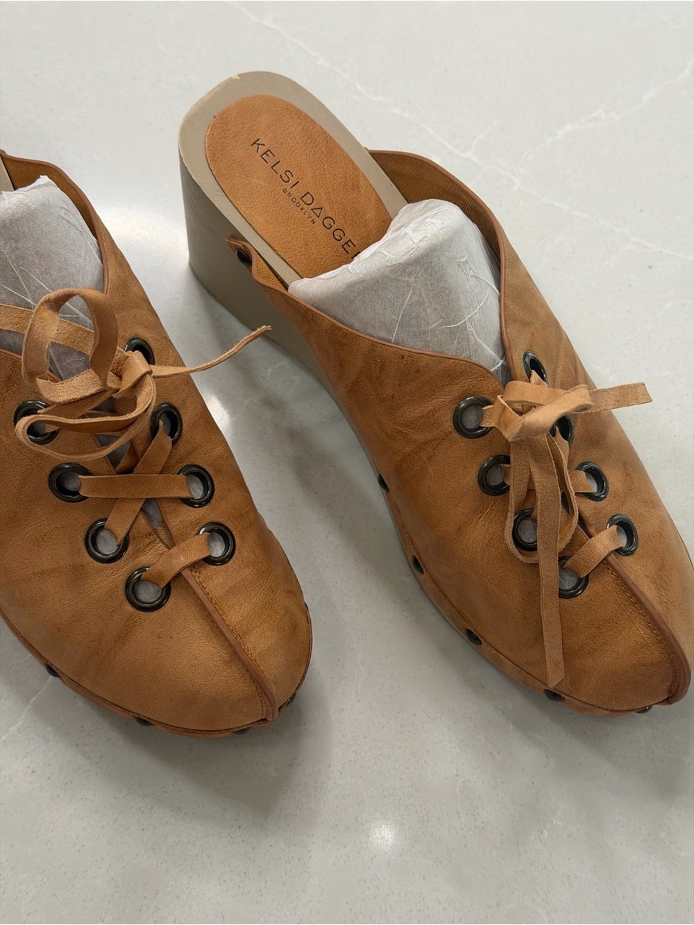 Kelsi Dagger Cognac Leather Lace-Up Wedge Clogs
